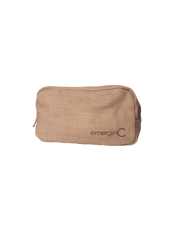 Small beige hemp cosmetic bag with the brand name "emerginc" on the side, isolated on a white background.