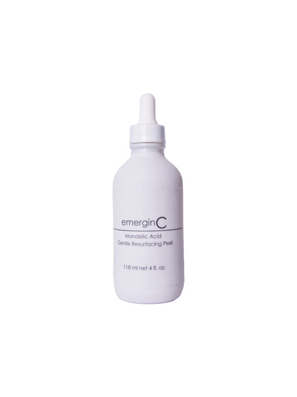 A bottle of EmerginC Mandelic Acid Gentle Resurfacing Peel against a white background.