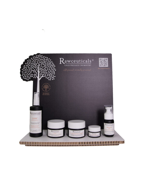 A display of rawceuticals laser cut display featuring a collection of creams and serums with a natural, eco-friendly theme.