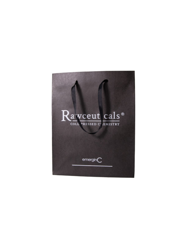 An elegant black rawceuticals retail bag with the logo "rawceuticals® cold pressed chemistry" and the text "emerginc" at the bottom, suggesting a brand that focuses on natural cosmetic or skincare products.