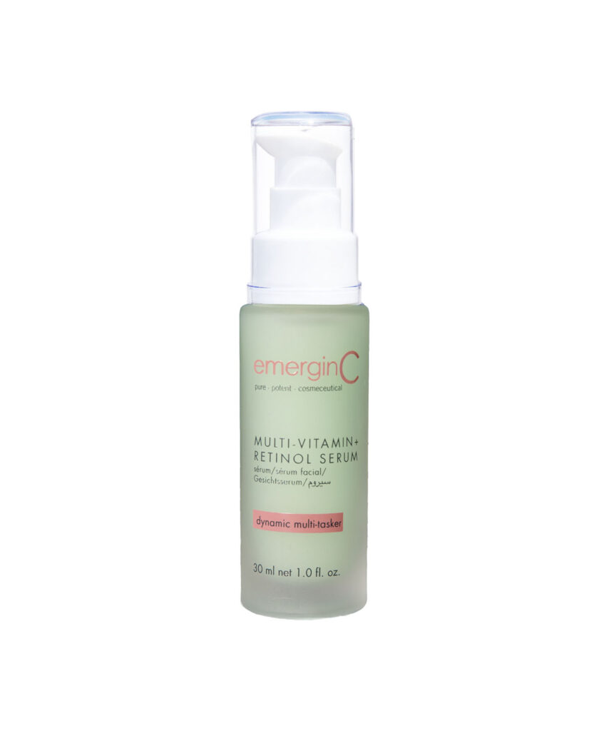 A 30 ml (1.0 fl. oz.) bottle of multi-vitamin + retinol serum with a white pump, clear cap, green-tinted packaging, and red and black text.