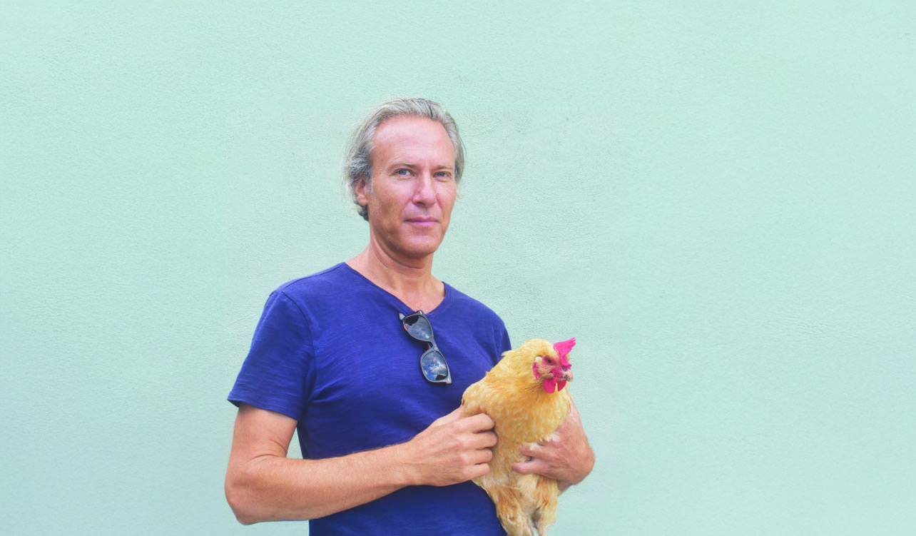 A man in a blue shirt holding a yellow chicken stands in front of a light green wall. Black sunglasses hang from his shirt collar and he looks calmly at the camera.