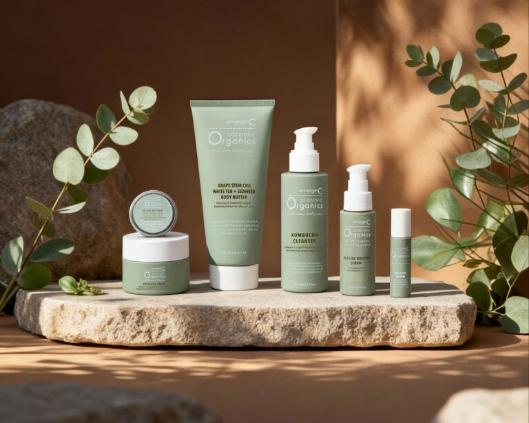 A collection of EmerginC Scientific Organics, one of the top skin care lines for spas, is displayed in green packaging on a stone slab, surrounded by green leafy branches against a warm beige background.