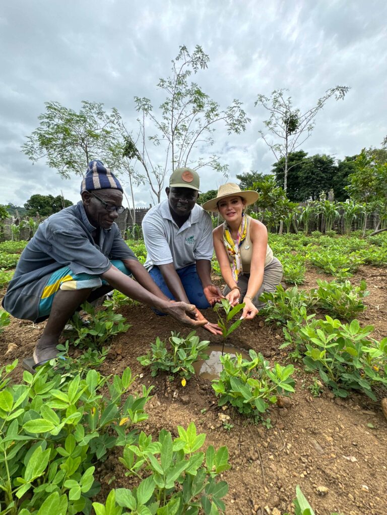 Three people kneel in a lush field, smiling as they tend to a young plant together. Surrounded by thriving greenery, their teamwork reflects the nurturing found in skin care lines for spas, all under a cloudy sky.