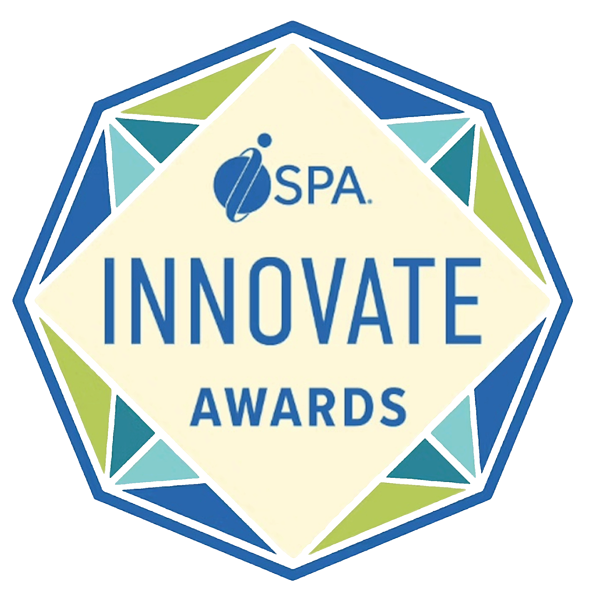 A geometric badge with blue and green accents reads "ISPA INNOVATE AWARDS" in large letters, highlighting excellence in skin care lines for spas, with a small abstract globe design above the word “ISPA.”.