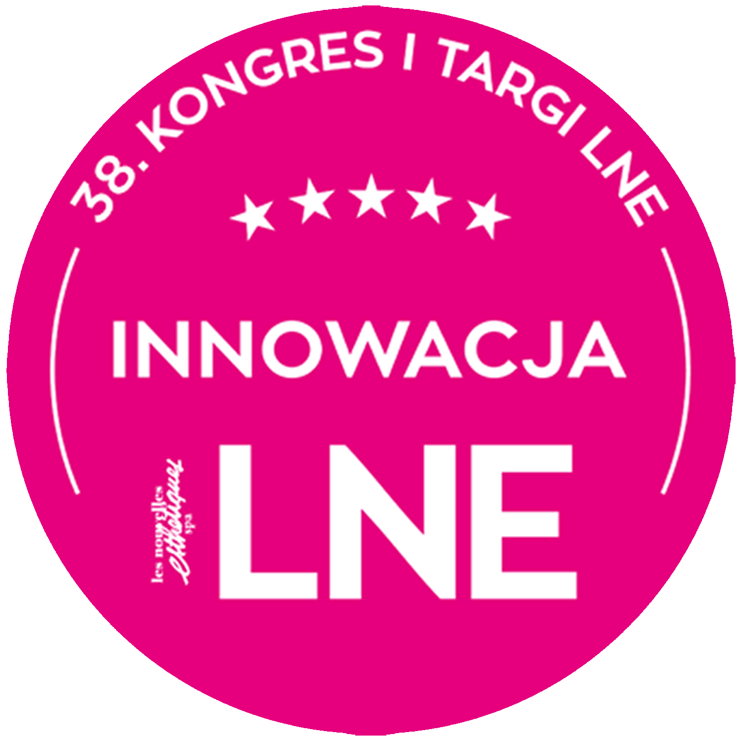 A bright pink circular badge with white text reading "38. Kongres i Targi LNE INNOWACJA LNE," five stars above "INNOWACJA," celebrating the latest innovations and top skin care lines for spas.