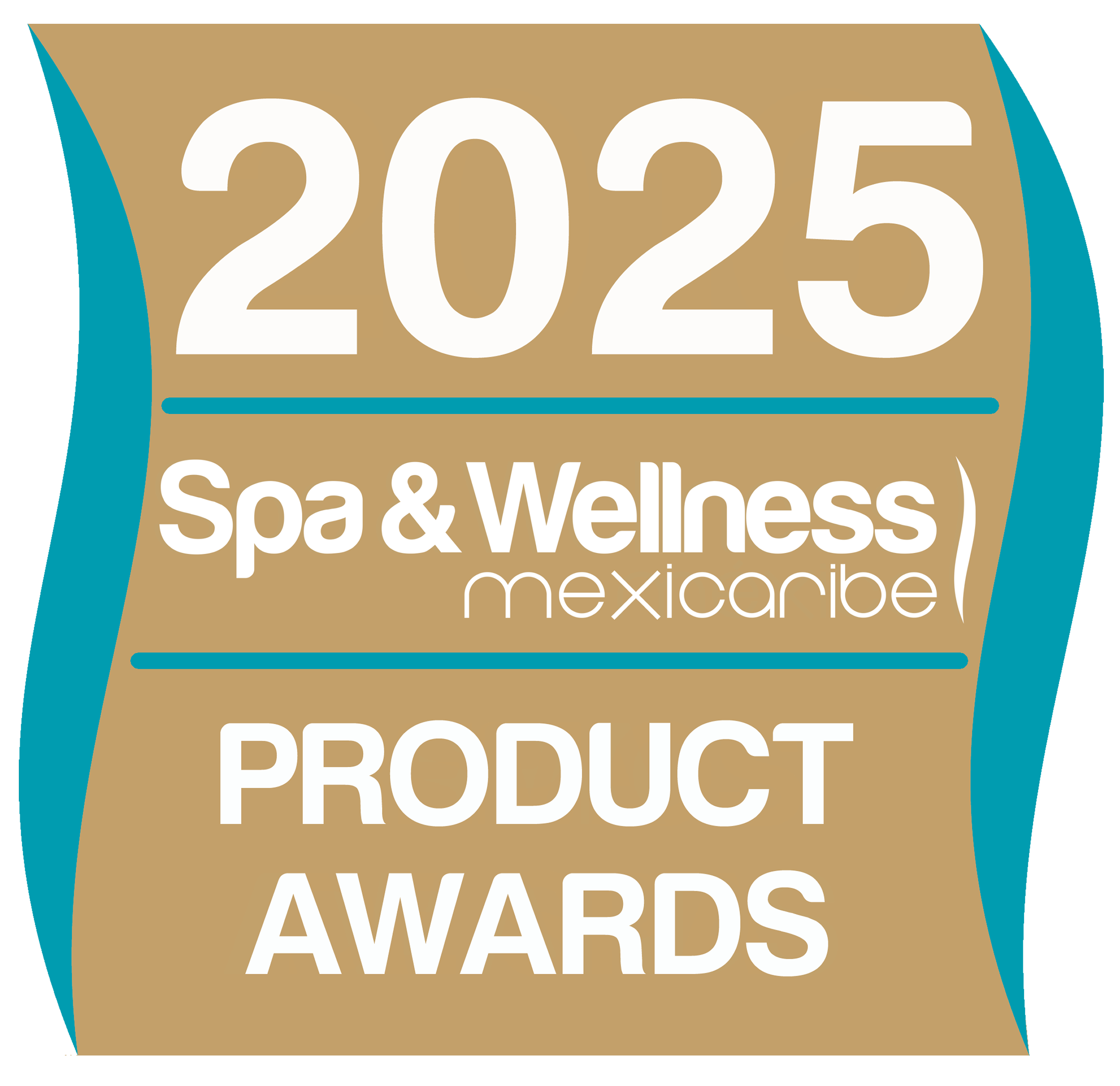 A gold and turquoise badge featuring the text "2025 Spa & Wellness MexiCaribe Product Awards," celebrating excellence in skin care lines for spas.