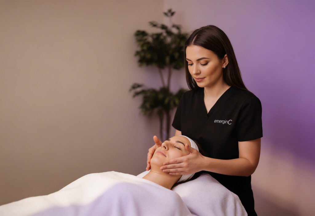 A woman enjoys a relaxing face massage, highlighting the rejuvenating benefits offered by skin care lines for spas.