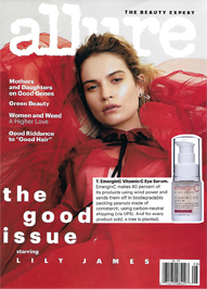 Allure magazine cover featuring Lily James in a sheer red outfit, with headlines about mothers and daughters, green beauty, women and weed, and “good hair.” An image of an award-winning skin care eye serum is in the lower right corner.
