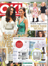 Magazine cover featuring Kate and Pippa Middleton smiling. Smaller images showcase Brad & Angelina’s twins, award-winning skin care products, and bold text highlighting a “Secret Wedding” alongside celebrity news headlines.