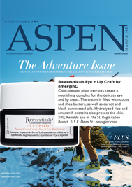 Cover of Aspen Magazine’s “The Adventure Issue” featuring a close-up of Rawceuticals award-winning skin care Eye + Lip Craft cream jar, with snowy mountains and a skier in the background. A product description appears over the jar.