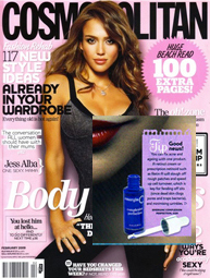 Cover of Cosmopolitan magazine featuring a woman with long brown hair in a black top. Various headlines surround her, plus an inset image in the lower right showcasing award-winning skin care: a blue cosmetic bottle and a white tool.