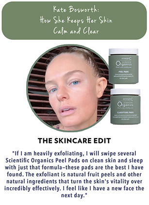 A woman with smooth, clear skin is featured next to two skincare jars labeled “Scientific Organics Peel Pads” and “Clarifying Pads.” Text above highlights her award-winning skin care routine, with a quote below praising the products’ effectiveness.