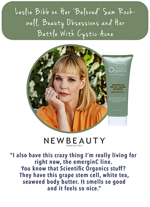 Portrait of a blonde woman resting her chin on her hand beside a tube of award-winning skin care from emerginC Scientific Organics. Text above and below discusses her skincare routine and favorite beauty products.