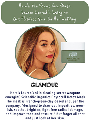 A beauty magazine-style graphic features Lauren Conrad and a jar of emerginC Scientific Organics Phytocell Detox Mask, highlighting the award-winning skin care face mask she used for clear, glowing skin on her wedding day.