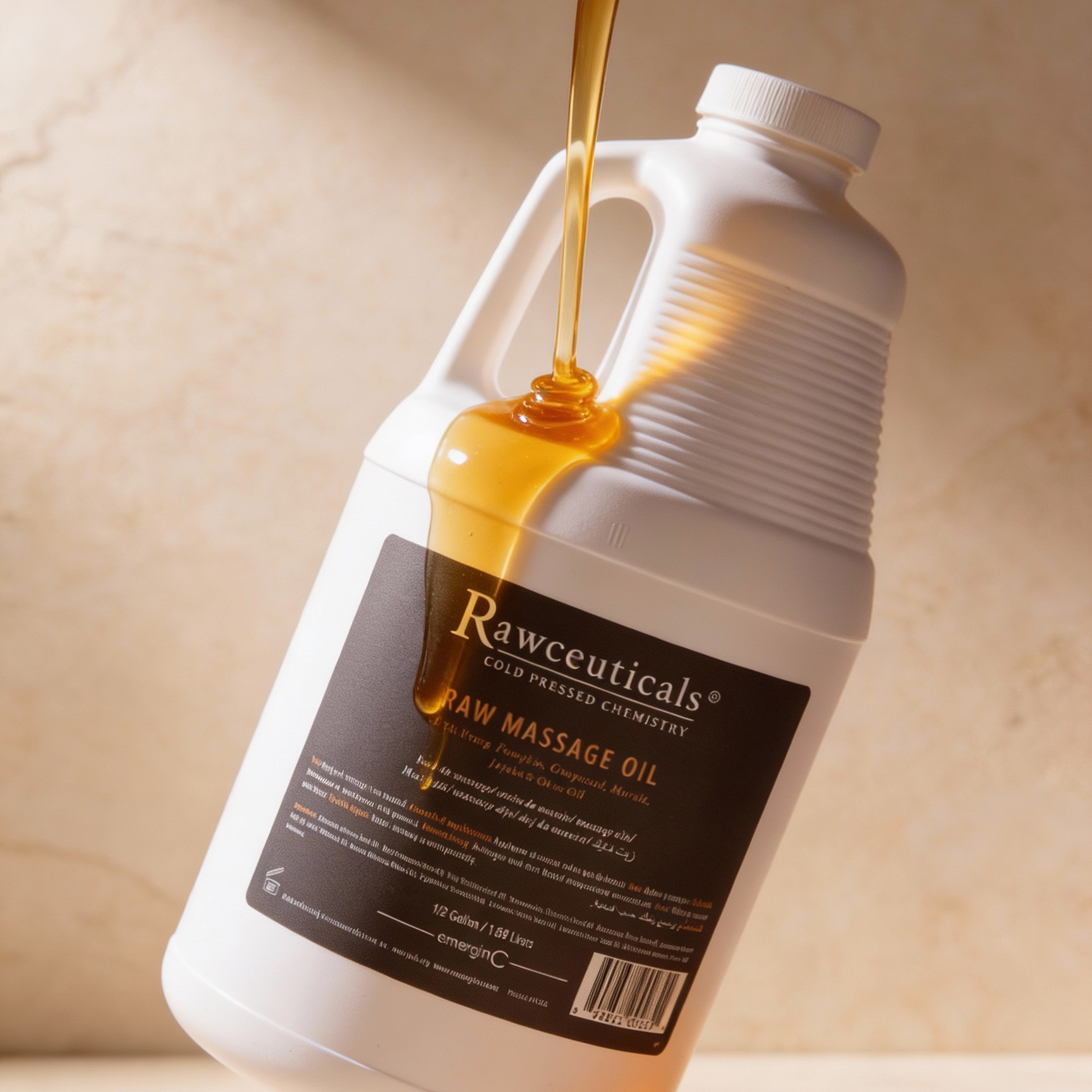 A bottle from the Rawceuticals Collection, Raw Massage Oil, is tilted as golden oil is poured out, set against a neutral beige background.