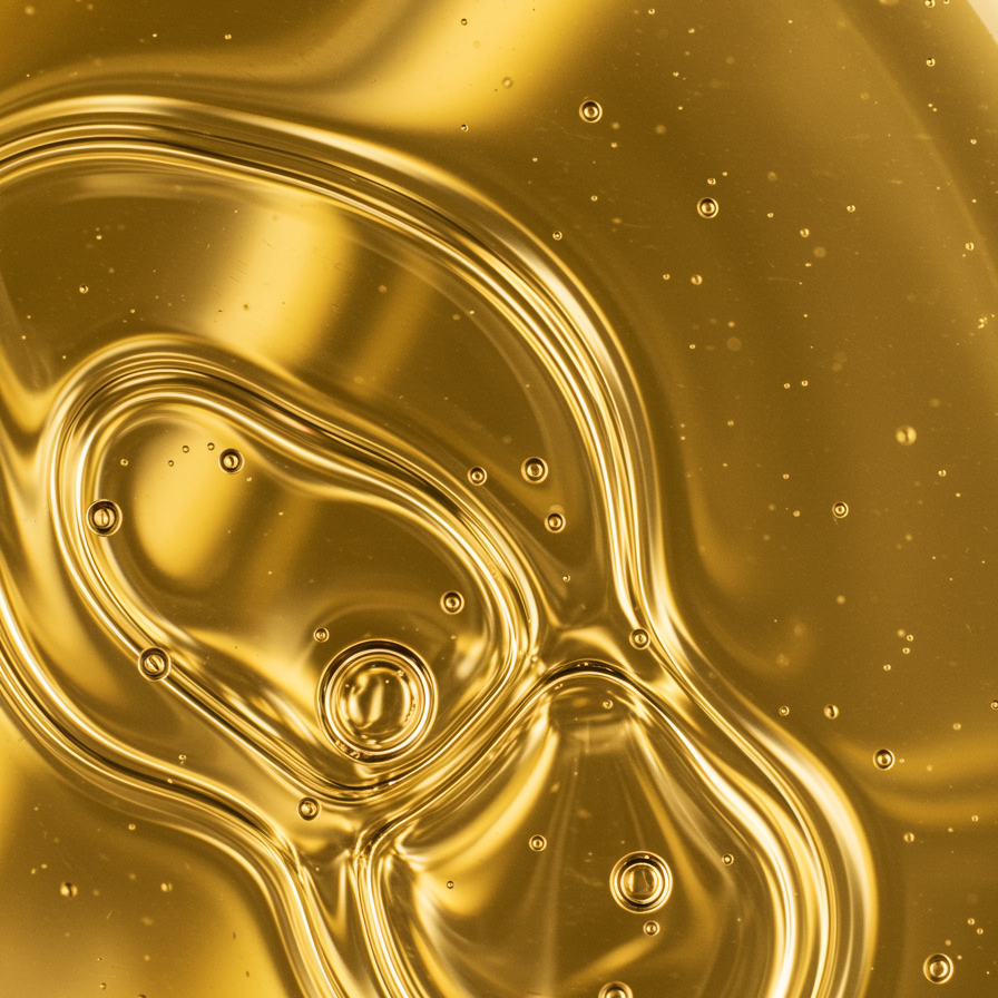 Close-up view of golden liquid with swirling patterns and bubbles, creating an abstract and glossy texture reminiscent of the luxurious rawceuticals collection.