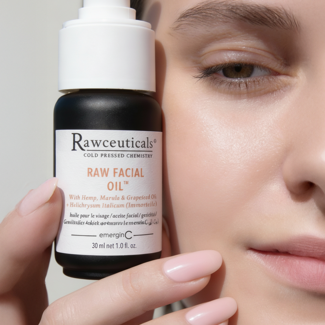 A person holds a bottle of Rawceuticals Raw Facial Oil near their cheek, showing clear, smooth skin and neatly manicured nails. The product label is visible, highlighting its place within the Rawceuticals Collection and emphasizing natural ingredients.