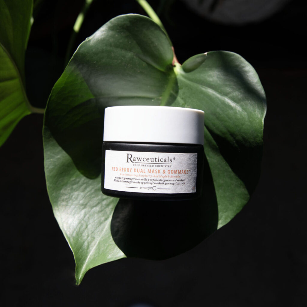 Jar of Red Berry Dual Mask & Gommage™ nestled in the embrace of vibrant green leaves, illuminated by a beam of sunlight.