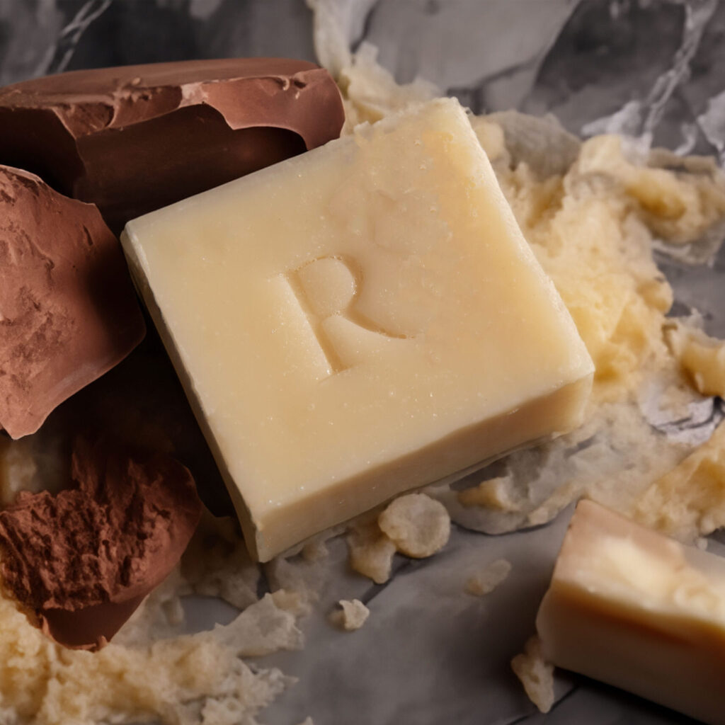 A close-up of the RAW BODY BAR, a creamy square handmade soap embossed with "R," displayed on marble and surrounded by brown and off-white soap shavings and chunks.